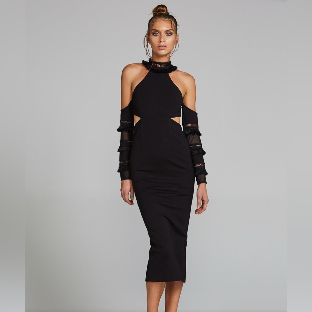 Eliya The Label Ramina Black Cutout Midi Dress XS Cold Shoulder Cocktail‎